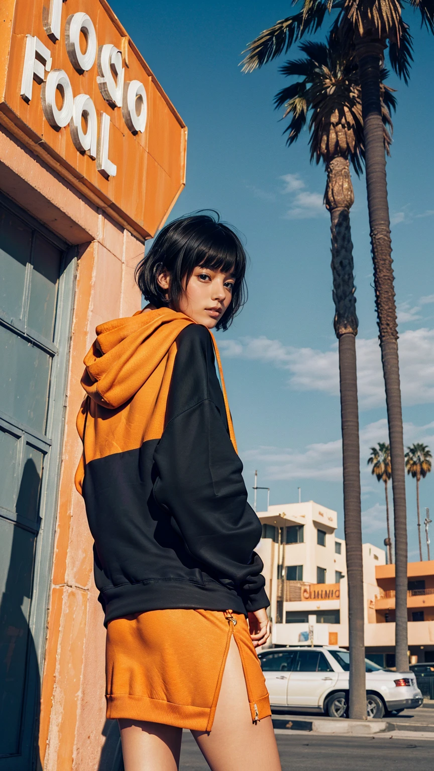 1 girl,looking camera, wear ((orange oversized hoodie)), (purple tennis skirt),Best Quality,Masterpiece,Ultra High Resolution,(Realisticity:1.4),Original Photo, 8k, light leak,dark intens shadow,ultra high resolution,UHD,beautiful, (black bob hair), almond eye, no makeup, in front of 80's architecture colorful motel, (from below:1.2), (realistic:1.2), (surreal:1.3), (very detailed:1.1), ((masterpiece)),summer, blue sky, palm trees,sunny, los angles vibes