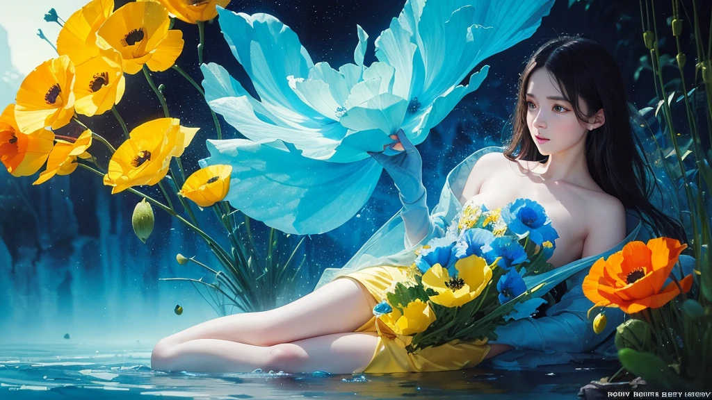 32k, Masterpiece, Highest quality, One girl, Detailed eyes, flower,Iceland Poppy, Blue and yellow style,A dreamy, romantic piece,Pale yellow, Mysterious Leaves,A playful arrangement,Fantasy,High Contrast,Ink strokes,explosion,Exposure, Impression of blue and yellow tones,Abstract,((Watercolours by John Berkey and Jeremy Mann )) Brush strokes,Negative Space, Tyndall effect,