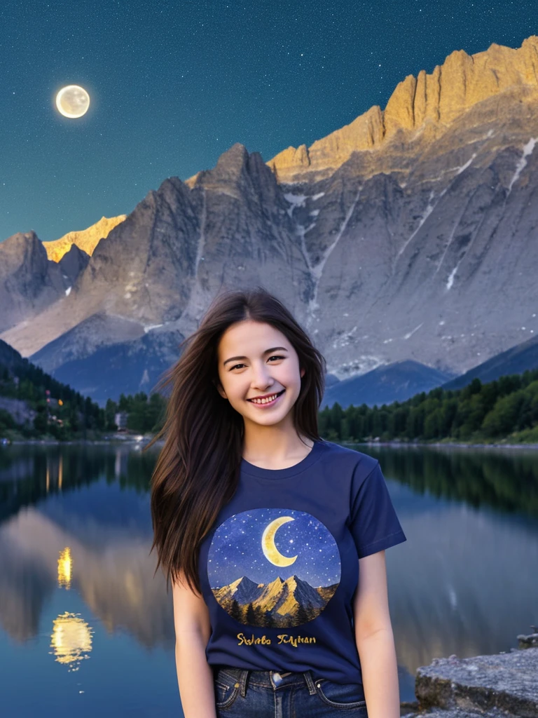 medium shoot, a girl in a maron t-shirt, long hair, black jeans, smiling broadly with a shy expression, big breast, stars twinkling in the sky. yellow super moon behind the mountains. The calm lake reflects the night. realistic scenes, details, Photorealism, 16k