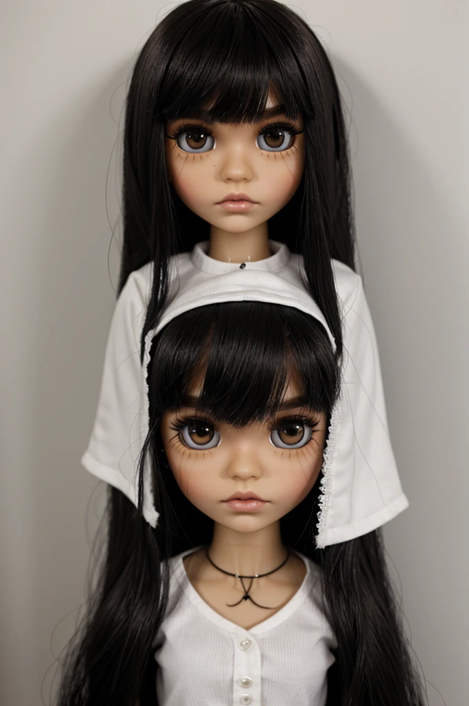 Blythe doll straight hair and black bangs, light skin, lip piercing, dark brown eyes, eye makeup with eyeliner