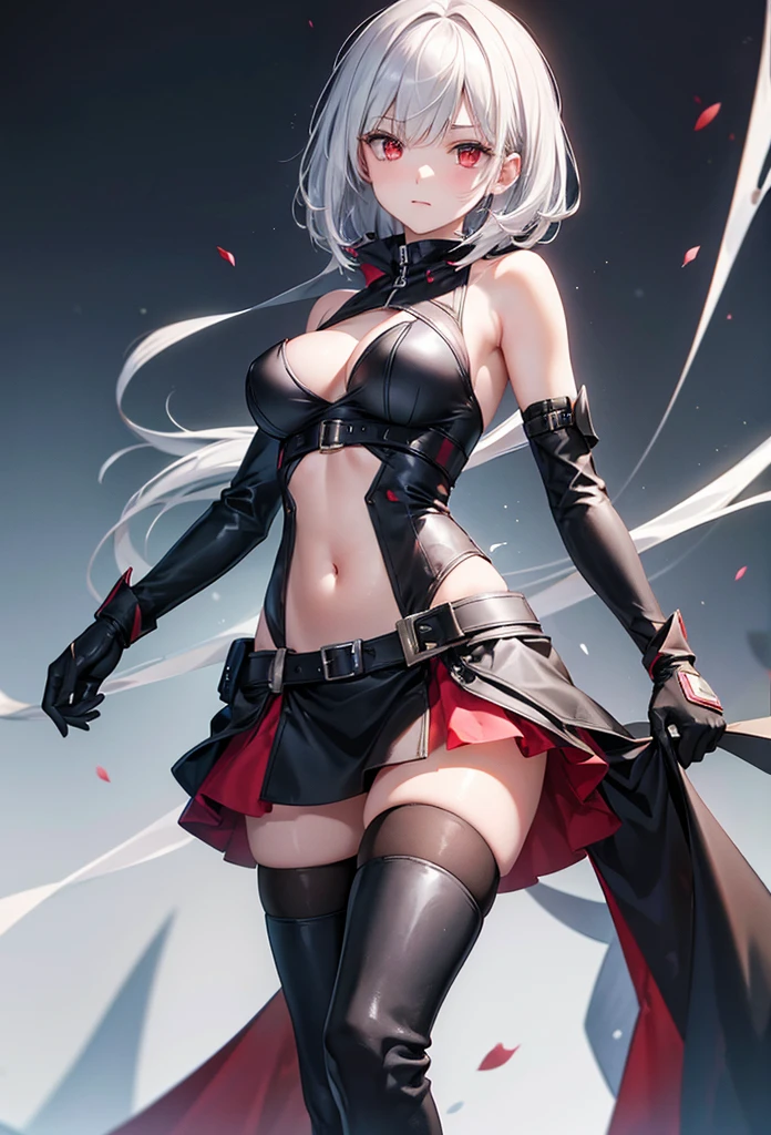 slender, mature female,1girl, solo, navel, thighhighs, rating:safe, gloves, red_eyes, bare_shoulders, elbow_gloves, breasts, black_legwear, thigh_boots, midriff, armor, medium_breasts, looking_at_viewer,short_hair, boots, white_hair, silver_hair, closed_mouth, center_opening, detached_sleeves, bangs, long_hair,