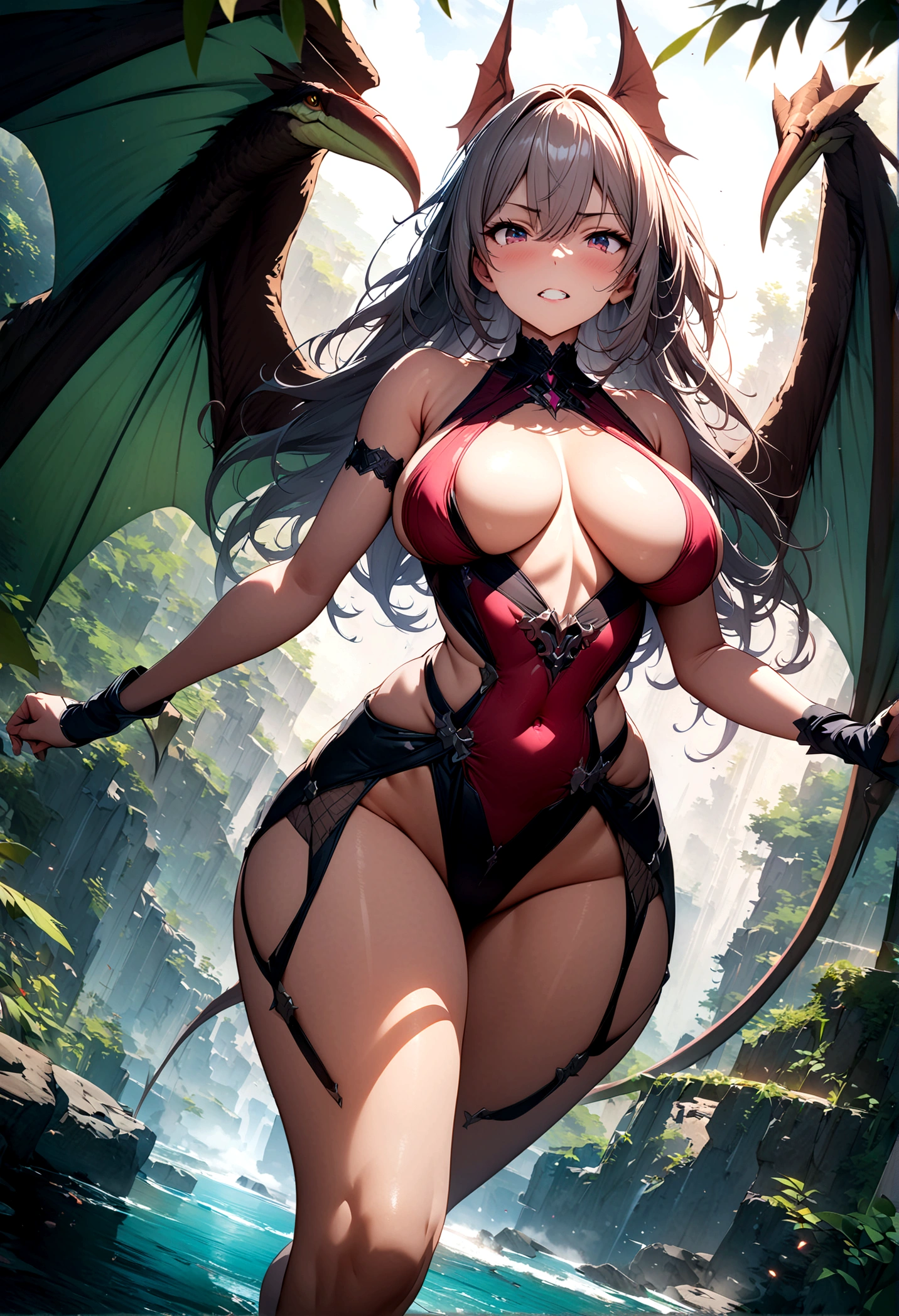 ((Masterpiece, top quality, high resolution)), ((highly detailed CG unified 8K wallpaper)), (huge stunning goddess shot, jaw-dropping beauty, perfect proportions, beautiful body, slim body beauty:1.1), Pink pterosaur, wide angle dynamic action shot,
