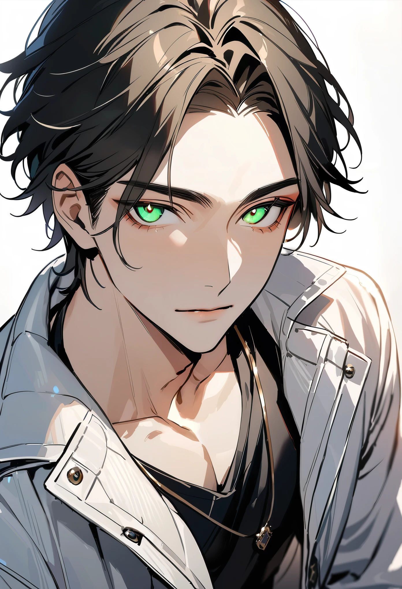 一个现代Handsome哥,25-year-old male,Black Hair,Green eyes,short hair,No bangs,Show forehead,Middle parted hair,young people,Dynamic Hair,Delicate face,Bright Eyes,Gem Eyes, Extremely detailed eyes, Handsome,Handsome,White skin,Single photo,Upper body photo from thigh up,Handsome哥,Handsome face,masterpiece,HD,masterpiece,Sense of division,a beautiful man,Exquisite eyes,Carefully sculpted hair,Rich in details,Standinging in front of a white background,Handsome哥,juvenile,blond,short hair,Handsome face,Handsome,Handsome,超级Handsome哥,White skin,Fair skin,Handsome哥,Handsome face,Pretty Face,indifferent的表情,Reflective hair,Shiny hair,现代都市Handsome哥,Modern Clothing,Fashion,Casual jacket,trend,Handsome,upright,Standing,front,Moderate,Direct vision,Eye height,Wearing a white coat,Black pants,front面貌,front,Stay away from the camera,whole body,High cold temperament,Shoulder height,front面貌直面镜头,(whole body照片),whole body,Imagine,blond,cold face,indifferent,cold,Don't laugh,Residence,poker face,4K, ((masterpiece)),((best quality)),((High Detail)),((Practical,)) ((best quality)), ((masterpiece)), ((Practical)),high resolution, ((Intricate details)), Very detailed,masterpiece, best quality, (Very detailed CG unity 8k wallpaper), (best quality), (Best Illustration Award), (Best shadow),,Ray Tracing, Very detailed