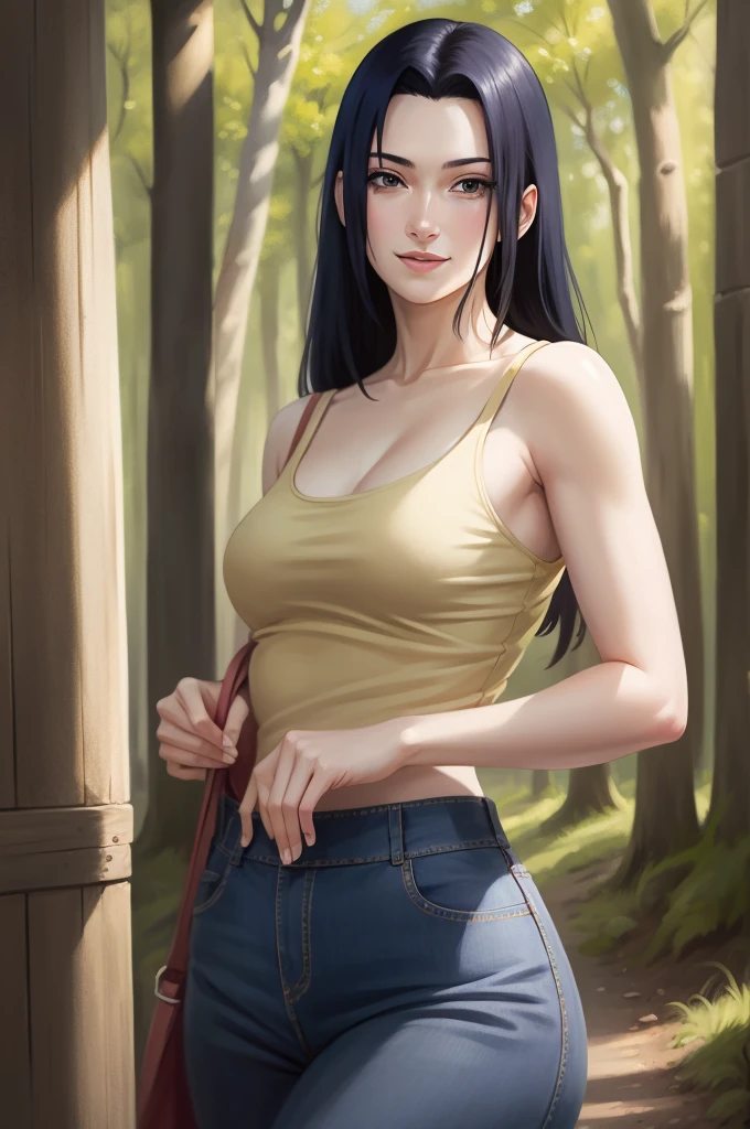 Mikoto Uchiha, oil painting, ultra-detailed, realistic, portrait, vivid colors, soft lighting, (best quality,4k,8k,highres,masterpiece:1.2), professional, long black hair, black eyes, beautiful detailed eyes and face, extremely detailed smile, long eyelashes, looking at viewer, very short top, big ass, bare shoulders, white shorts, outdoors, forest, cowboy shot, clavicle.