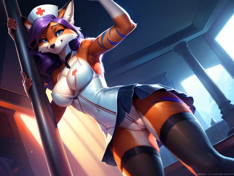 uploaded on e621, by Pixelsketcher, by Bayard Wu, by Thomas Benjamin Kennington, by Einshelm, solo anthro, ((Portrait)), ((stripper uniform)), (nurse coat, nurse skirt), nurse hat, ((mouth open)), (detailed Bonifasko lighting), Nature Goddess, (Detailed fur), (detailed skin), (hands on the pole), (Cinematic lighting), ((Detailed background)), (half body shadow), [Backlighting], [crepuscular ray], [Detailed ambient light], [gray natural lighting], [ambient light on the belly], (higher wildlife feral detail), strip club, pole dancing, [explict content], [sharp-focus], (Questionable content), (shaded), ((Masterpiece), Long asymmetrical wavy hair, purple hair with colored stripes, Average Breasts, pectoral muscles, Fluffy fox, furry fantasy art, anthro art, commission for high res, Furry art, pov furry art, Sakimichan is beautiful, Masterpiece, Best Quality, Detailed image, Bright colors, Detailed Face, perfect lighting, Perfect shadows, Perfect eyes, focus on girl, flawless face, gorgeous body, shiny body, feet focus, Girl Fox, Fluffy, fluffy woman, Body fur, Animal nose, muzzle, red two-toned fur, gaze at the viewer, half closed eyes, 1girl, full body, (Masterpiece:1.2), (Best Quality:1.2), (illustartion:1.2), (Cinematic lighting:1.3), Detailed fur, Balanced coloring, Global Illumination, Ray Tracing, good lighting, wild fox, fluffy fox tail, Furry, anthro, showing hips, cleavage, attractive body, sexy body, seductive gaze, thick-thighs, fit body, Best Stockings, Suggested Pose, Seductive Leg Pose, dancing, pole dance, sexy jump, seductive expression, NSFW, pussy, tits, bending over, behind view, looking back at viewer