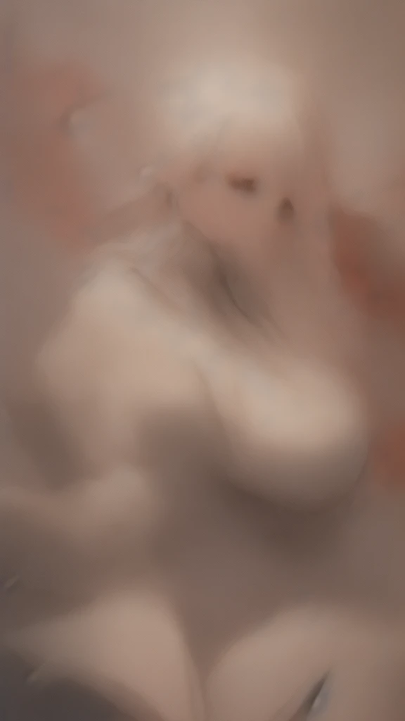 The woman was a beautiful person with red eyes and white hair, a cheerful person with big breasts.