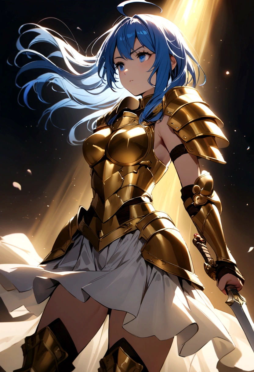Warrior Girl, Long blue hair with an ahoge, golden torso sleevless armor, long gold boots, white skirt, with a short Sword