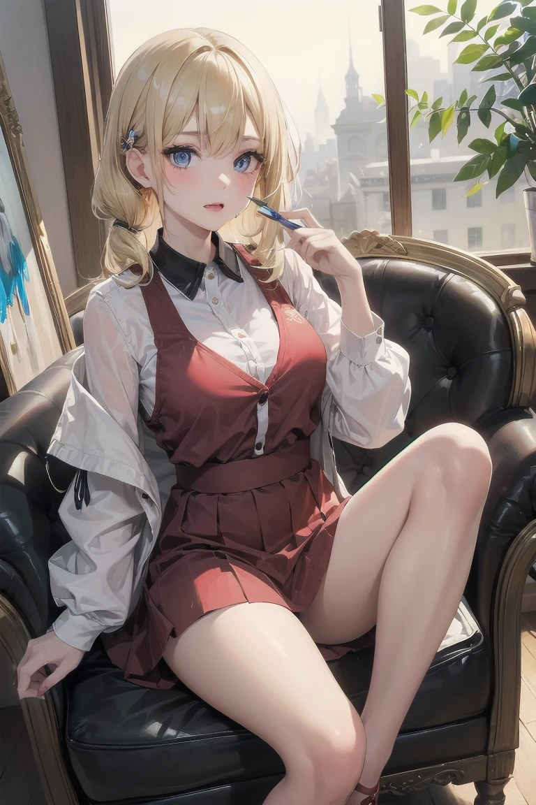 A girl 20 years with blonde hair pinned up, piercing blue eyes and a beautiful red mouth, in a painter's studio, ((she paints a nude picture of herself with oil paints)). she is wearing a beige 8-sweater with seven color stripes starting from yellow at the top and ending in dark purple)(. she holds a brush with red paint in her right hand from which a drop of paint is about to fall