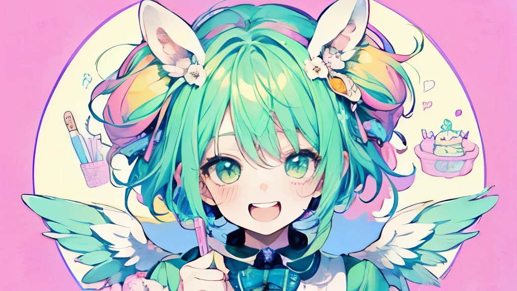 chibi character,Rabbit motif,(brush),((cute,kawaii,wonderland)),((pastel color)),((Cute assortment)),(Shy laugh),Shiny green hair,(Rainbow),((Angel:1.2)),((I love hold:1.25)),