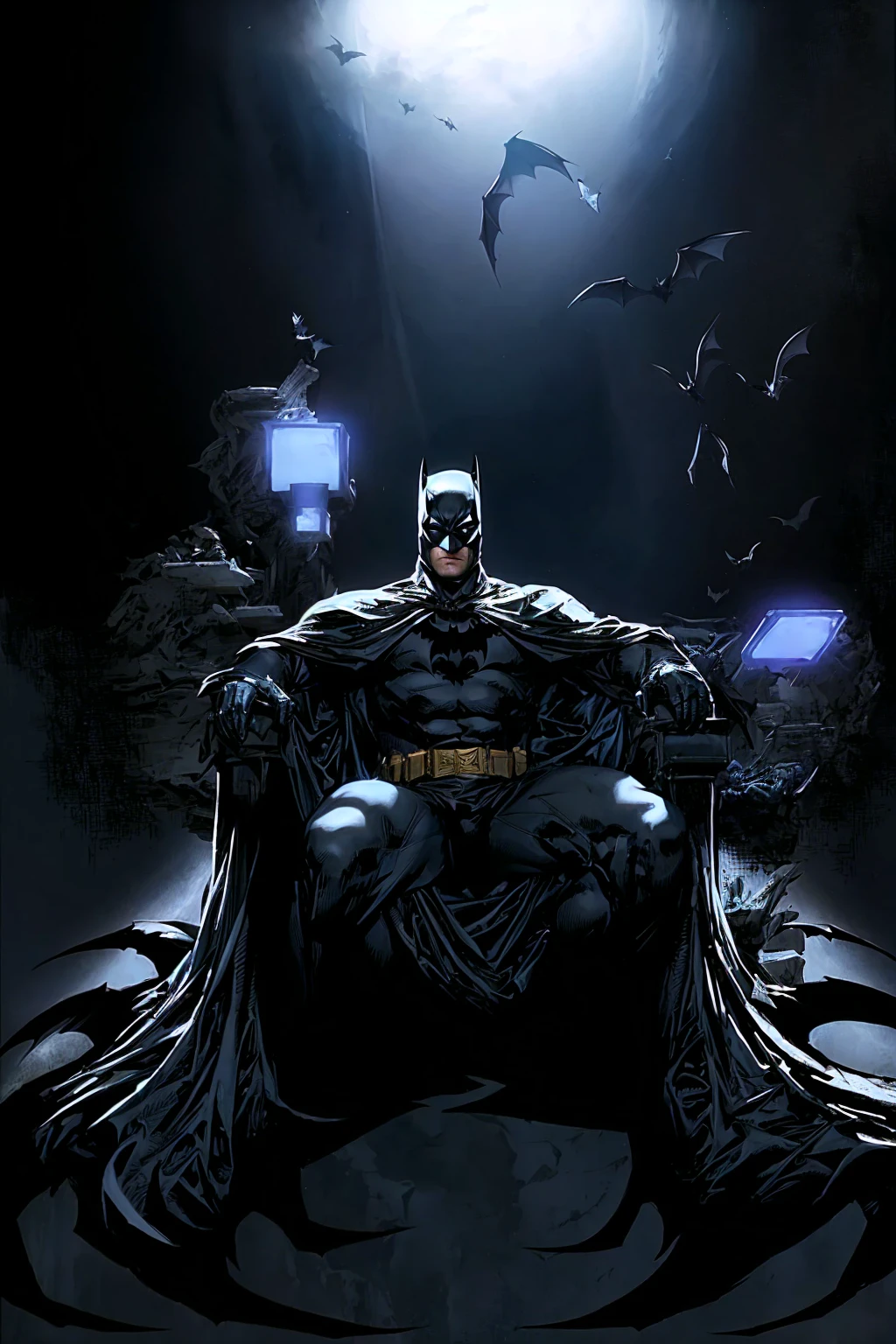 bat Man sitting on a throne with bats flying around, b