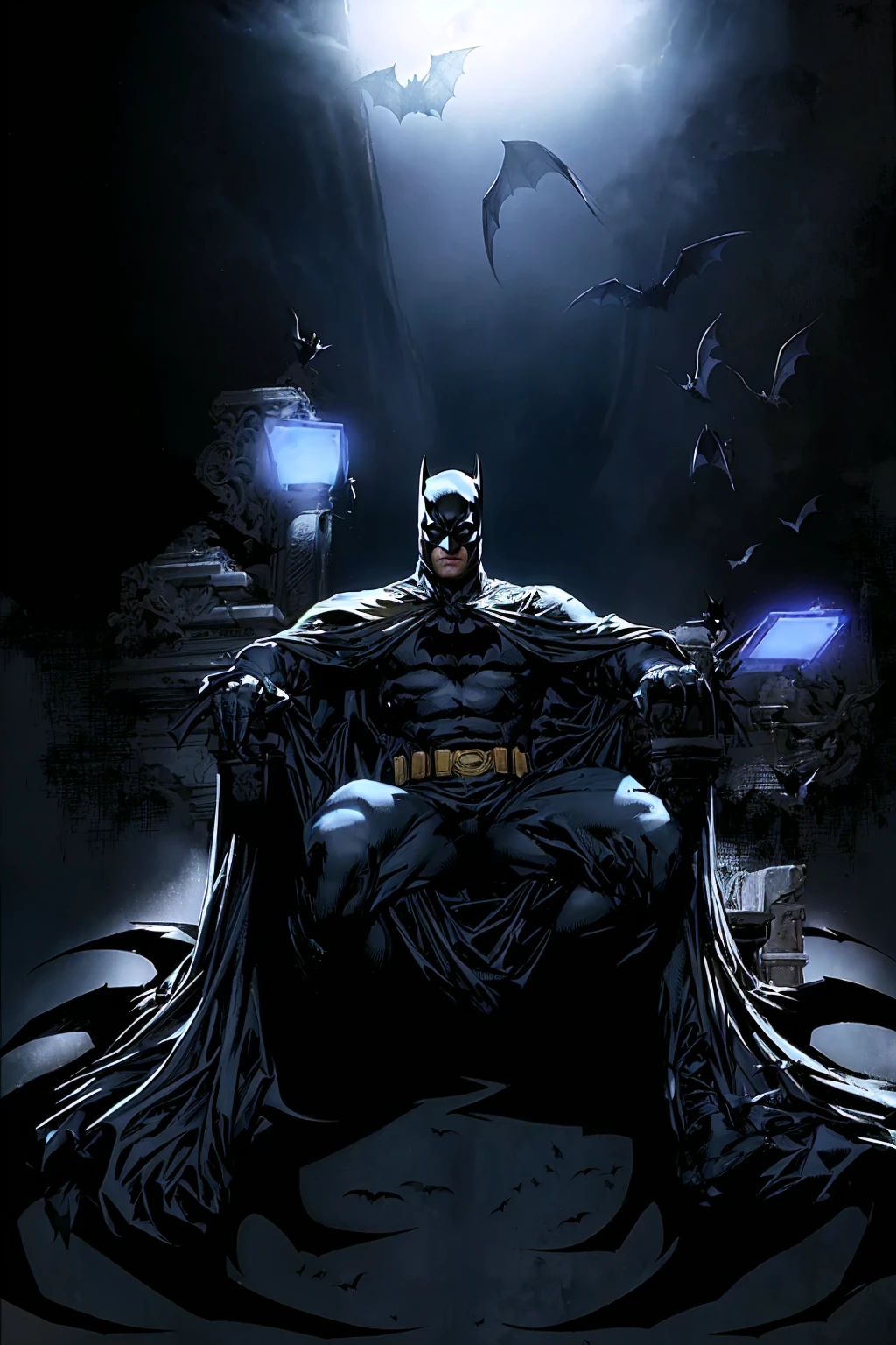 bat Man sitting on a throne with bats flying around, b