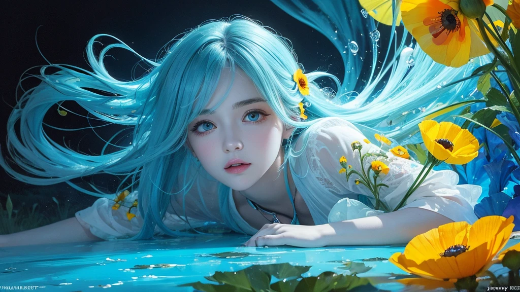32k, Masterpiece, Highest quality, One girl, Detailed eyes, flower,Iceland Poppy, Blue and yellow style,A dreamy, romantic piece,Pale yellow, Mysterious Leaves,A playful arrangement,Fantasy,High Contrast,Ink strokes,explosion,Exposure, Impression of blue and yellow tones,Abstract,((Watercolours by John Berkey and Jeremy Mann )) Brush strokes,Negative Space, Tyndall effect,