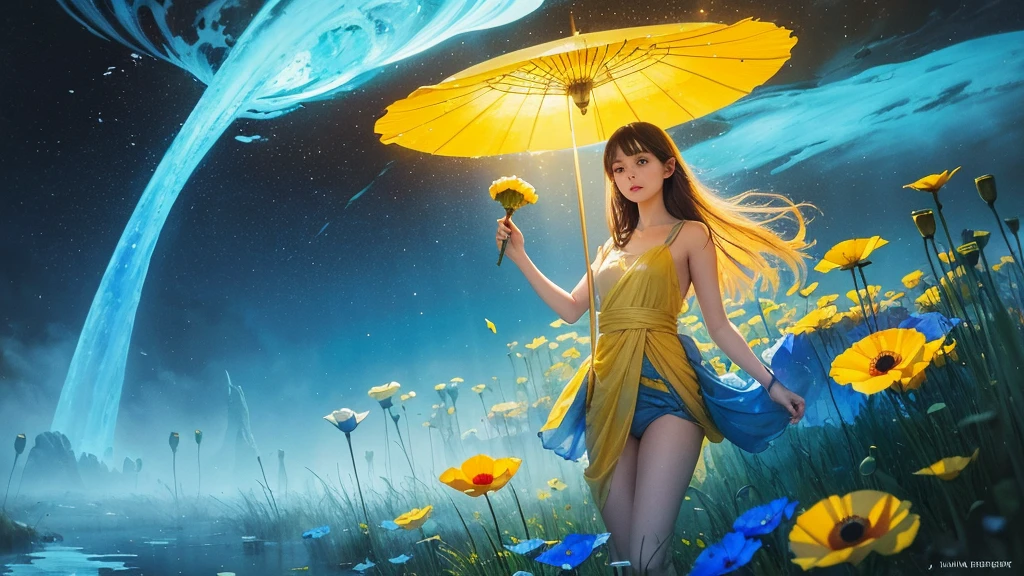 32k, Masterpiece, Highest quality, One girl, Detailed eyes, flower,Iceland Poppy, Blue and yellow style,A dreamy, romantic piece,Pale yellow, Mysterious Leaves,A playful arrangement,Fantasy,High Contrast,Ink strokes,explosion,Exposure, Impression of blue and yellow tones,Abstract,((Watercolours by John Berkey and Jeremy Mann )) Brush strokes,Negative Space, Tyndall effect,