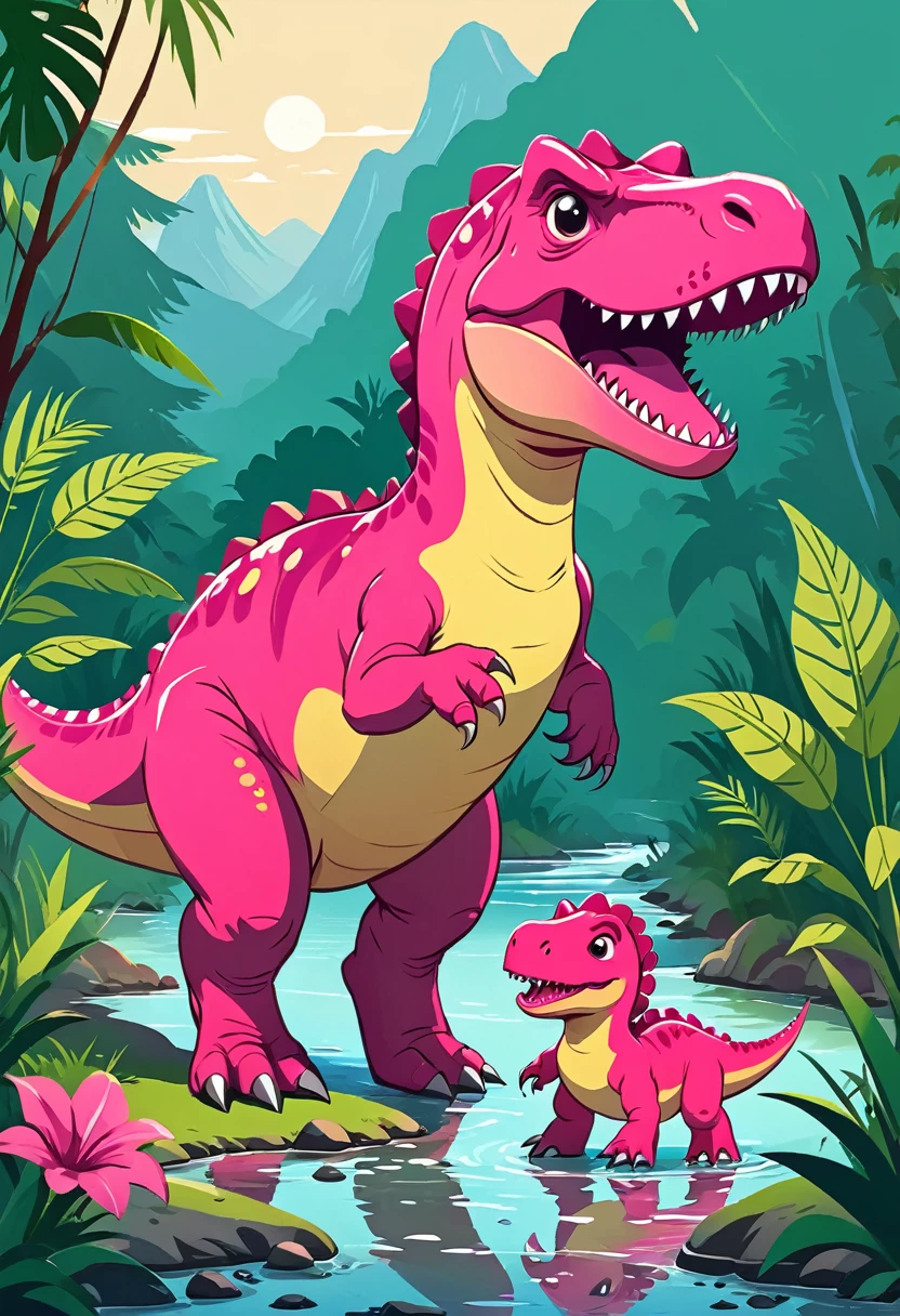 Flat illustration：Cute pink Tyrannosaurus Rex and baby Tyrannosaurus Rex，Warm，Creek，