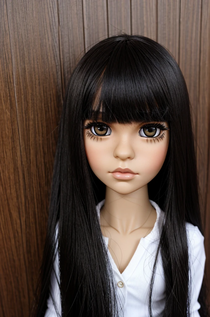 Blythe doll straight hair and black bangs, light skin, lip piercing, dark brown eyes, eye makeup with eyeliner
