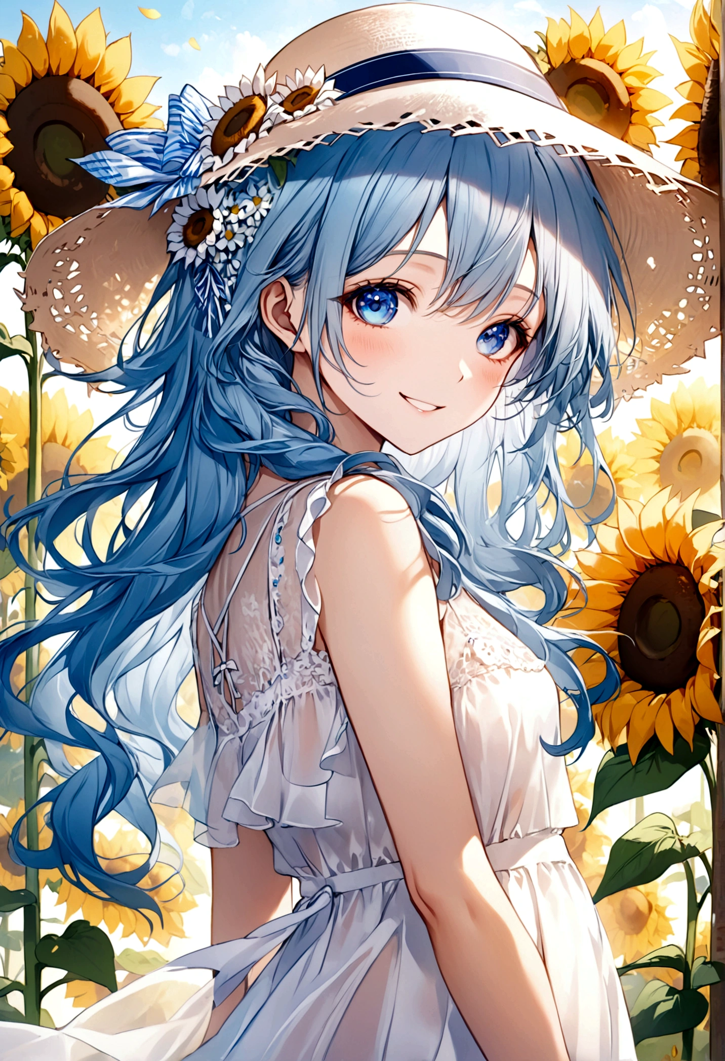 ((top-quality)), ((​masterpiece)), ((ultra-detailliert)), (extremely delicate and beautiful), beautiful woman, bright light blue hair, long wavy hair, sapphire blue eyes, sunhat, sheer white sundress, summer background, sunflowers in the background, sweet smile, relaxed expression, fair complexion, delicate white flowers on sunhat