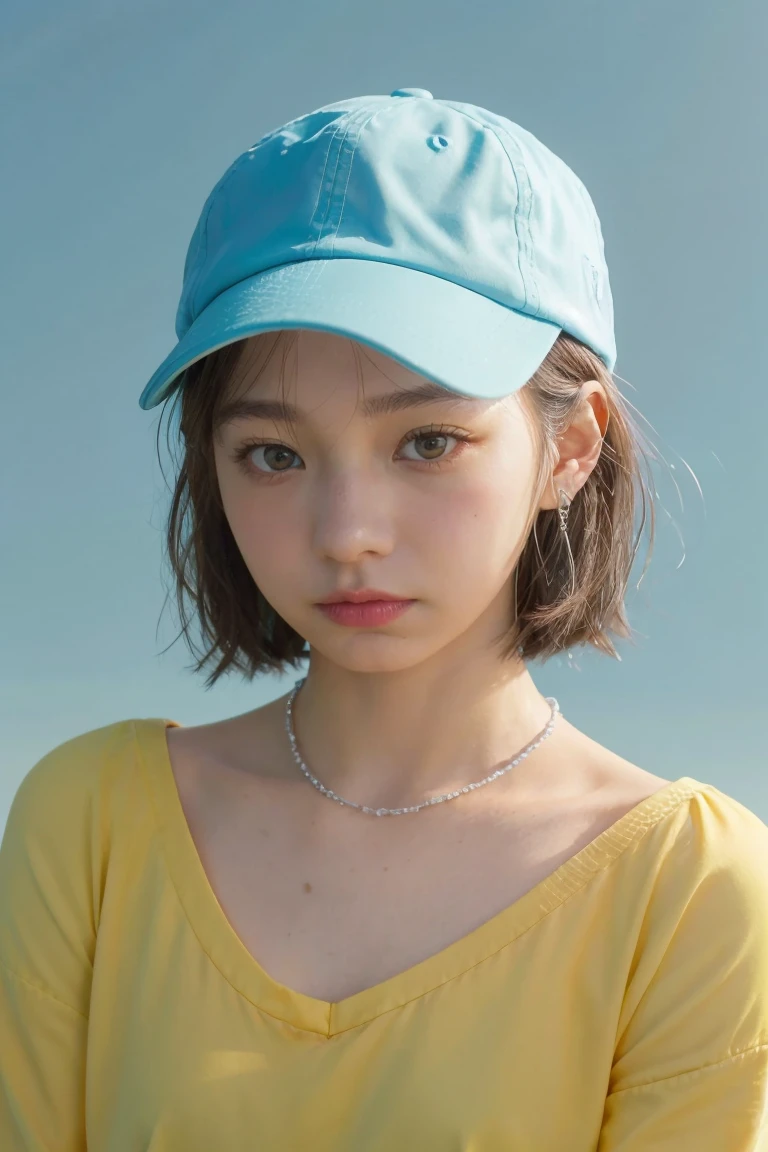skistyle, miku hatsune, masterpiece, best quality, 1girl, blush, aqua eyes, cap, closed mouth, earrings, hat, hoop earrings, jewelry, looking at viewer, shirt, simple background, solo, upper body, yellow shirt