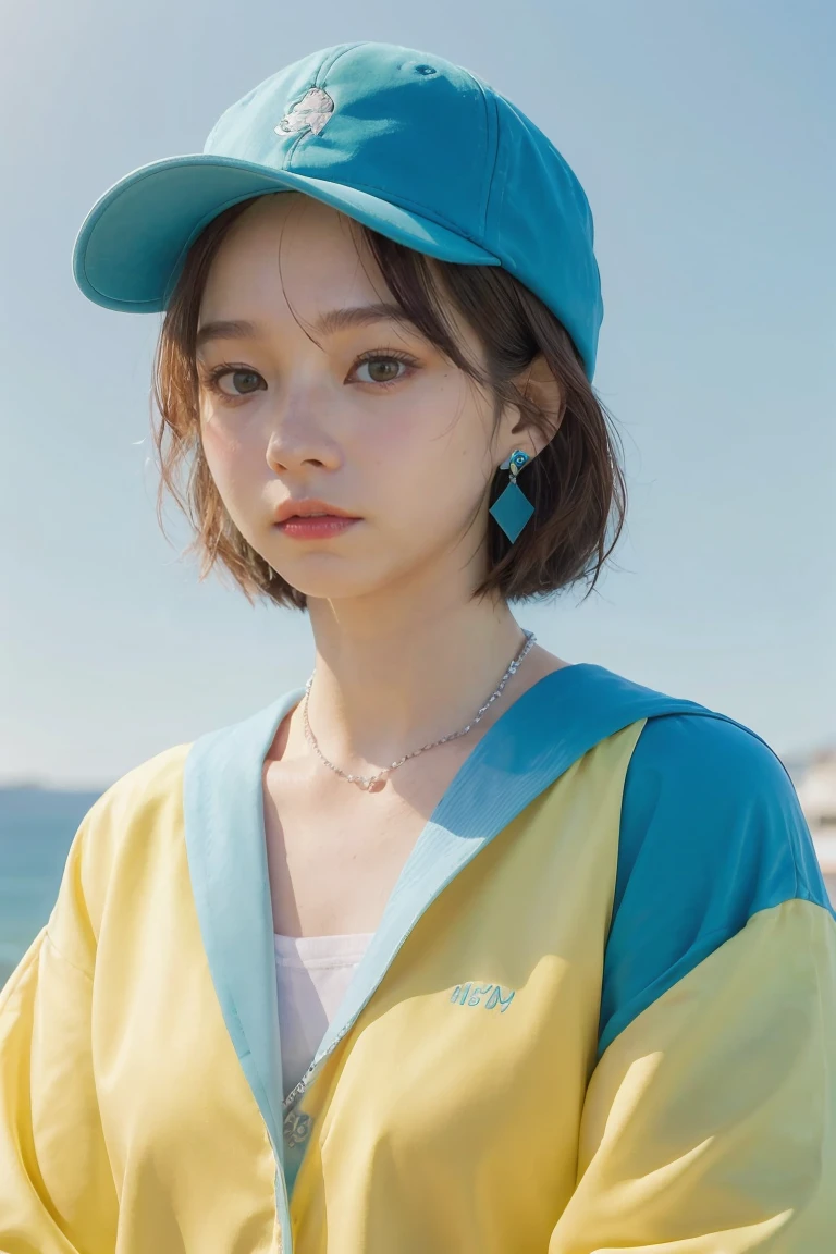 skistyle, miku hatsune, masterpiece, best quality, 1girl, blush, aqua eyes, cap, closed mouth, earrings, hat, hoop earrings, jewelry, looking at viewer, shirt, simple background, solo, upper body, yellow shirt