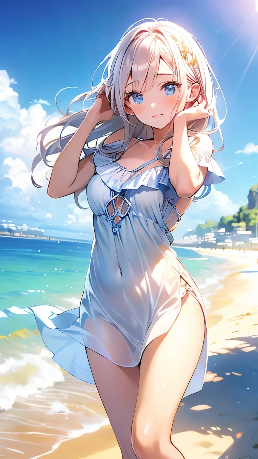 a girl walking on a white sandy beach, beautiful detailed eyes, beautiful detailed lips, extremely detailed eyes and face, long eyelashes, flowing dress, serene expression, coastal landscape, blue sky, fluffy white clouds, golden sunlight, calm ocean waves, (best quality,4k,8k,highres,masterpiece:1.2),ultra-detailed,(realistic,photorealistic,photo-realistic:1.37),landscape,vivid colors,natural lighting