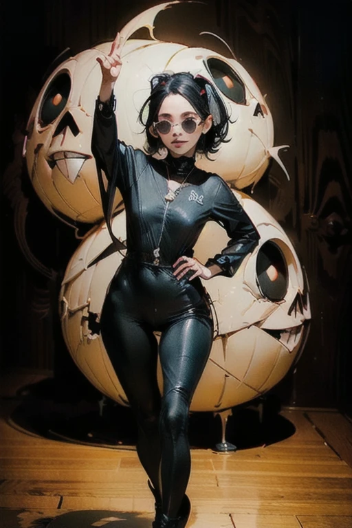 Black workwear jumpsuit、A woman wearing a costume covered with patches, cyber punk, Mosh Pit, (Highest quality,4K,8K,High resolution,masterpiece:1.2),Live Stage、Chinese style world view、Large sunglasses,Punkish hairstyle、Full body portrait、dynamic dancing
