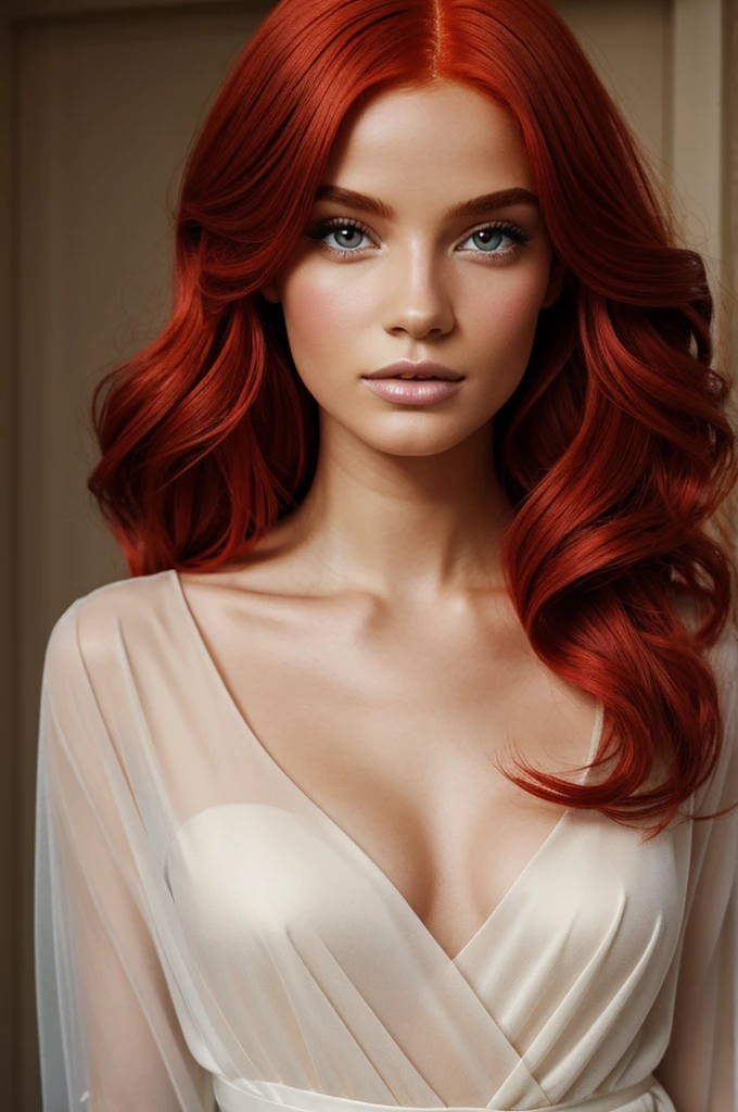 Create a light-skinned, bright red-haired British model with a unique and ethereal appearance. 