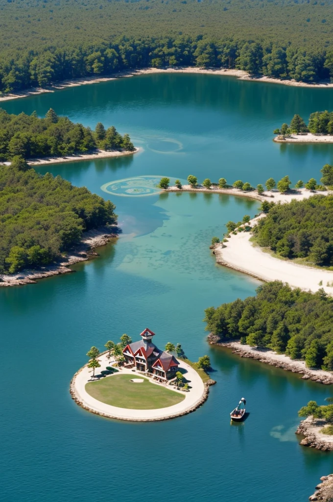 Create a washing lake with a small island where the fire-fanned pokemon garchomp is 