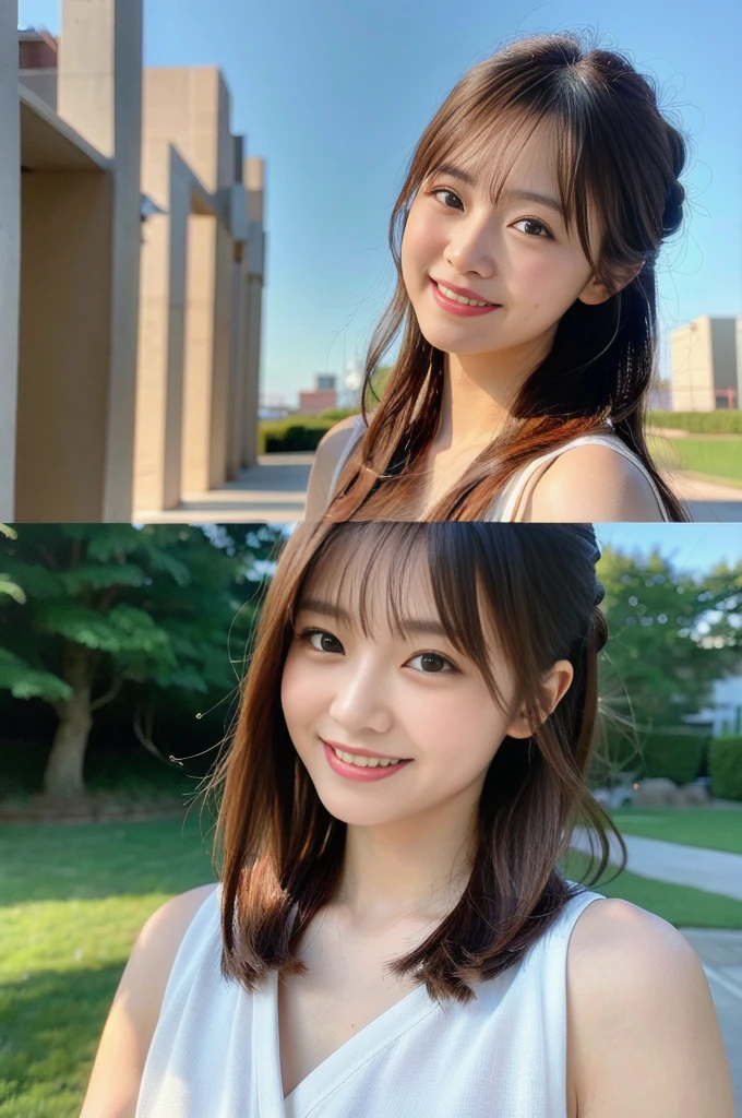 (8K, RAW Photos, Highest quality、masterpiece:1.2), (Realistic、Realistic:1.37), Japanese,like々Shii,  Laughter, View your audience, Sun glare,  Vibrant, elegant,Upper Body,soft, Natural light, Pay attention to hairstyles and facial features,A gentle and charming look,Contemporary fashion style,