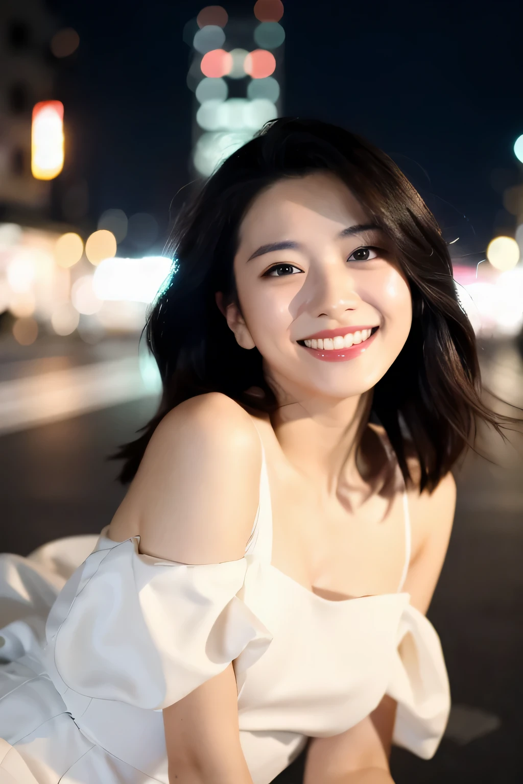 (Cinematic aesthetics:1.4) Bokeh city night photo of beautiful Korean fashion model、Beautiful teeth、White Dress、smile、K-pop idol