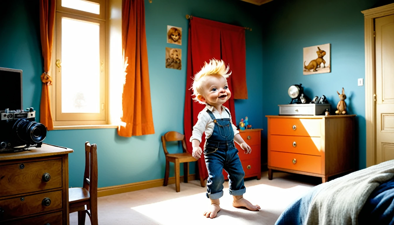 (style de film photo), anthropomorphe, mignon bébé garçon blond, dans sa chambre, étudier, 2D, coloré, Ambiance chaleureuse, brillant, Jean-Baptiste Monge style, À la manière d'Alan Lee