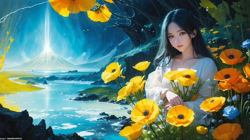 32k, Masterpiece, Highest quality, One girl, Detailed eyes, flower,Iceland Poppy, Blue and yellow style,A dreamy, romantic piece,Pale yellow, Mysterious Leaves,A playful arrangement,Fantasy,High Contrast,Ink strokes,explosion,Exposure, Impression of blue and yellow tones,Abstract,((Watercolours by John Berkey and Jeremy Mann )) Brush strokes,Negative Space, Tyndall effect,