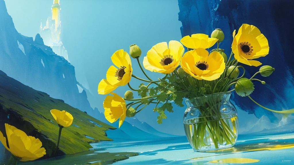 32k, Masterpiece, Highest quality, One girl, Detailed eyes, flower,Iceland Poppy, Blue and yellow style,A dreamy, romantic piece,Pale yellow, Mysterious Leaves,A playful arrangement,Fantasy,High Contrast,Ink strokes,explosion,Exposure, Impression of blue and yellow tones,Abstract,((Watercolours by John Berkey and Jeremy Mann )) Brush strokes,Negative Space, Tyndall effect,