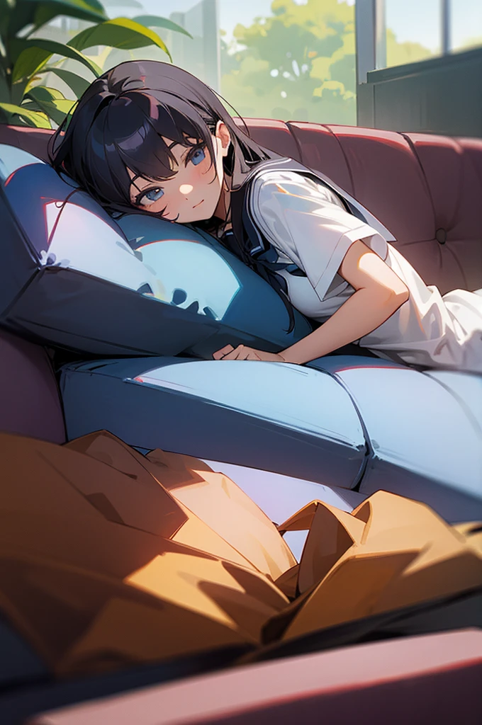 A school girl lying on the sofa
