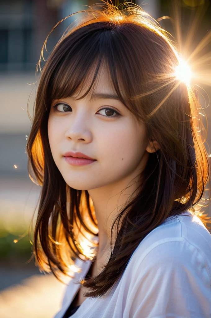 (8K, Highest quality, masterpiece: 1.2), Very detailed, Super Resolution, girl, (LOL:1.1), (Open your mouth:1.1), (Eyes Wide Open:1.2), Sun glare, Blurred Background, Particles of light, Strong winds, 