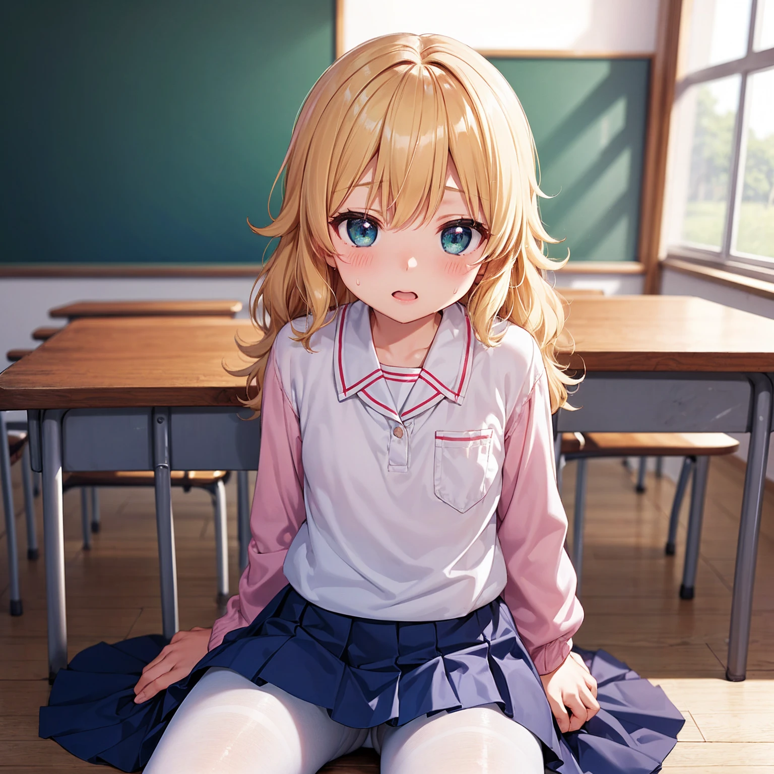 Highest quality,Highest quality,One Girl,One boy,((((10 years old)))),Flat Chest,orgasm,blush, Sweat, Sakurai Momoka,blonde,White Sarah Outfit,Navy Blue Skirt, It is not a pleated skirt,whole body,classroom, pantyhose、Navy Blue Skirtをめくる、Spread your legs