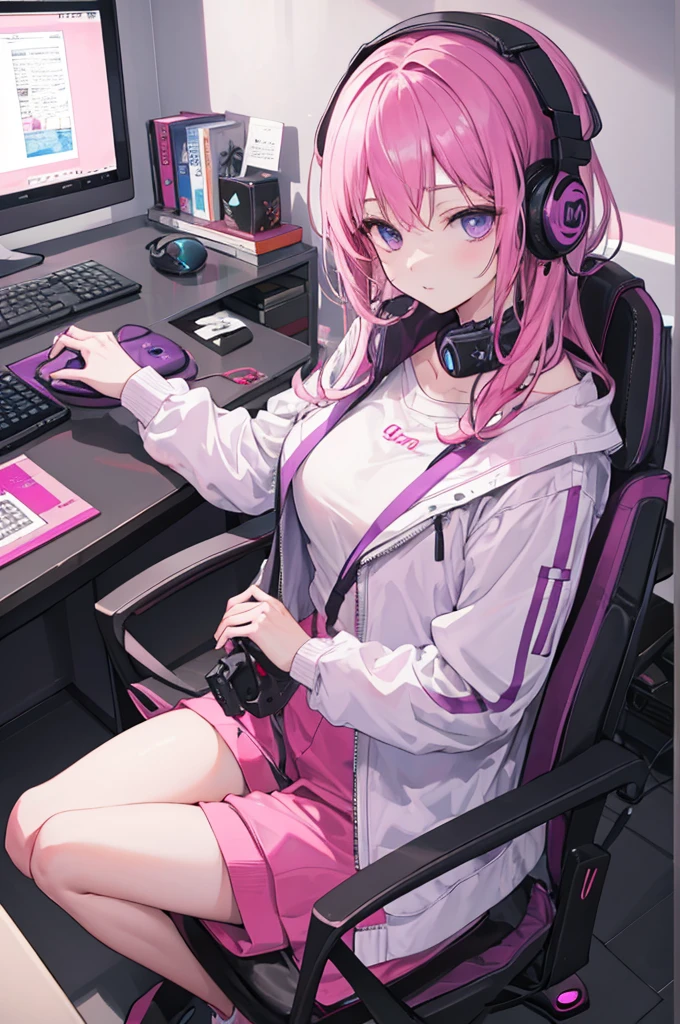 ((best quality)), ((masterpiece)), (detailed), gamer bedroom, pink and purple hues, desk with monitors on it, pink gaming chair