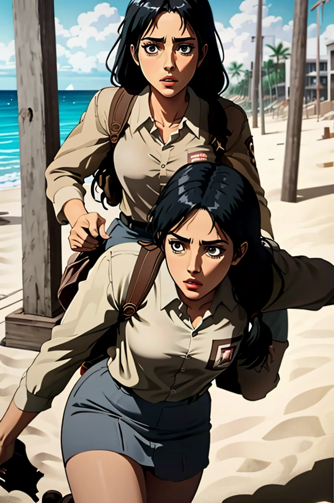 (((Ultra-HD-quality-details))) , 1girl, cewe-sma, from fitting, white shirt, gray skirt, beach, black hair, long hair, Carla Yeager, attack on Titan