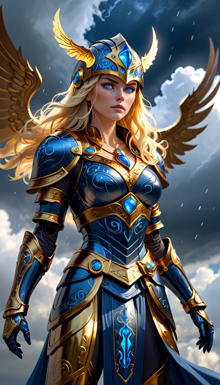 a full body shot of a woman hovering among the clouds. A blonde woman, (glowing blue eyes), pretty face, full face, medium length straight hair blowing in the wind. she wears shiny dark blue armor with gold trim (deep v-neck and exposed cleavage:1.4) large breasts, Natural skin texture, detailed skin. Storm clouds background. , hex pattern on armor, intricate runes carved on armor, reflective surface, and a (Norse helmet with wings on the side covers her head:1.3), intricate details, armored glove, (left glove is gold with gemstones and runes). a stern expression on her face. (highres:1.3) (4k,8k,best quality, masterpiece), full-body image, volumetric lighting, lens flare. Lighting flashing among dark storm clouds in the background. Dramatic shadows and bright highlights. Show her feet floating in mid air, nothing under her feet, her arms stretched out to the side with her palms up. The tips of her toes point down as she hovers in the air, feet together. The dark clouds stretch below her. Pulled back shot
