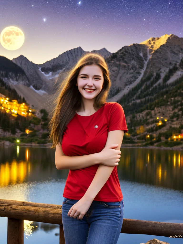 close up, a girl in a red t-shirt, long hair, beige jeans, smiling broadly with a shy expression, big breast, stars twinkling in the sky. yellow super moon behind the mountains. The calm lake reflects the night. realistic scenes, details, Photorealism, 16k