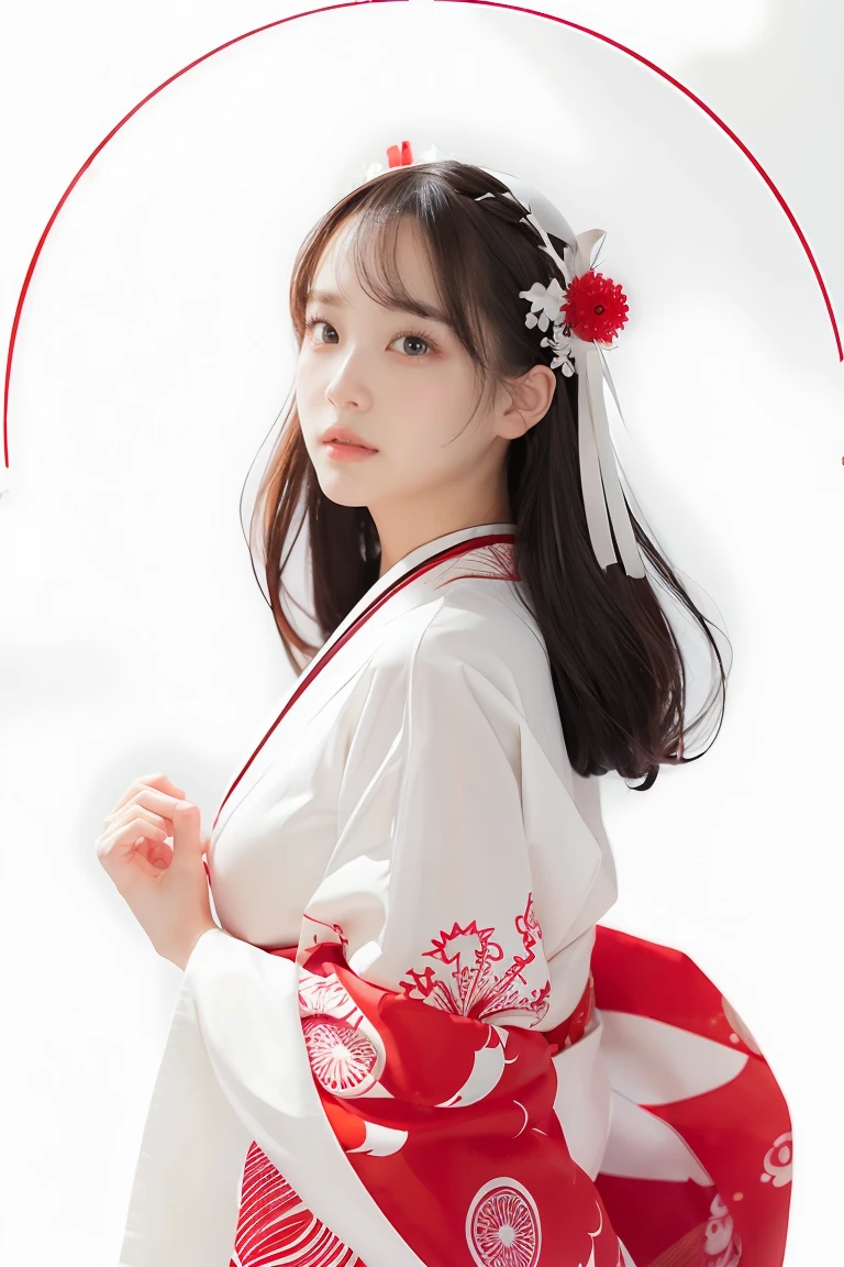 (((white background、White world)))、、unity 8k wallpaper、super detailed、beautiful beautiful、masterpiece、highest quality、(tangleた、mandala、tangle、tangle)、(fractal art:1.3)、one girl、beautiful black hair、Japanese、Big pink、red kimono、Japanese clothing、very detailed、dynamic angle、cowboy shot、The most beautiful things form chaos、elegant、brutal design、Bright colors、romance、atmosphere、ecstasy notes、Streaming music notes are displayed、(((white background、pure white background、Red circle)))