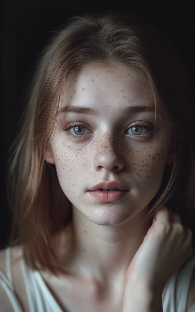 (editorial photograph of a 20 year old Finnish girl), (highly detailed face:1.4) (smile:0.7) (background inside dark, moody, private study:1.3), dark background, by lee jeffries, nikon d850, film stock photography, 4 kodak portra 400 ,camera f1.6 lens, rich colors, hyper realistic, lifelike texture, dramatic lighting, cinestill 800, messy hair, serious, (freckles:].4), pale skin, cute sexy, naked, medium breasts