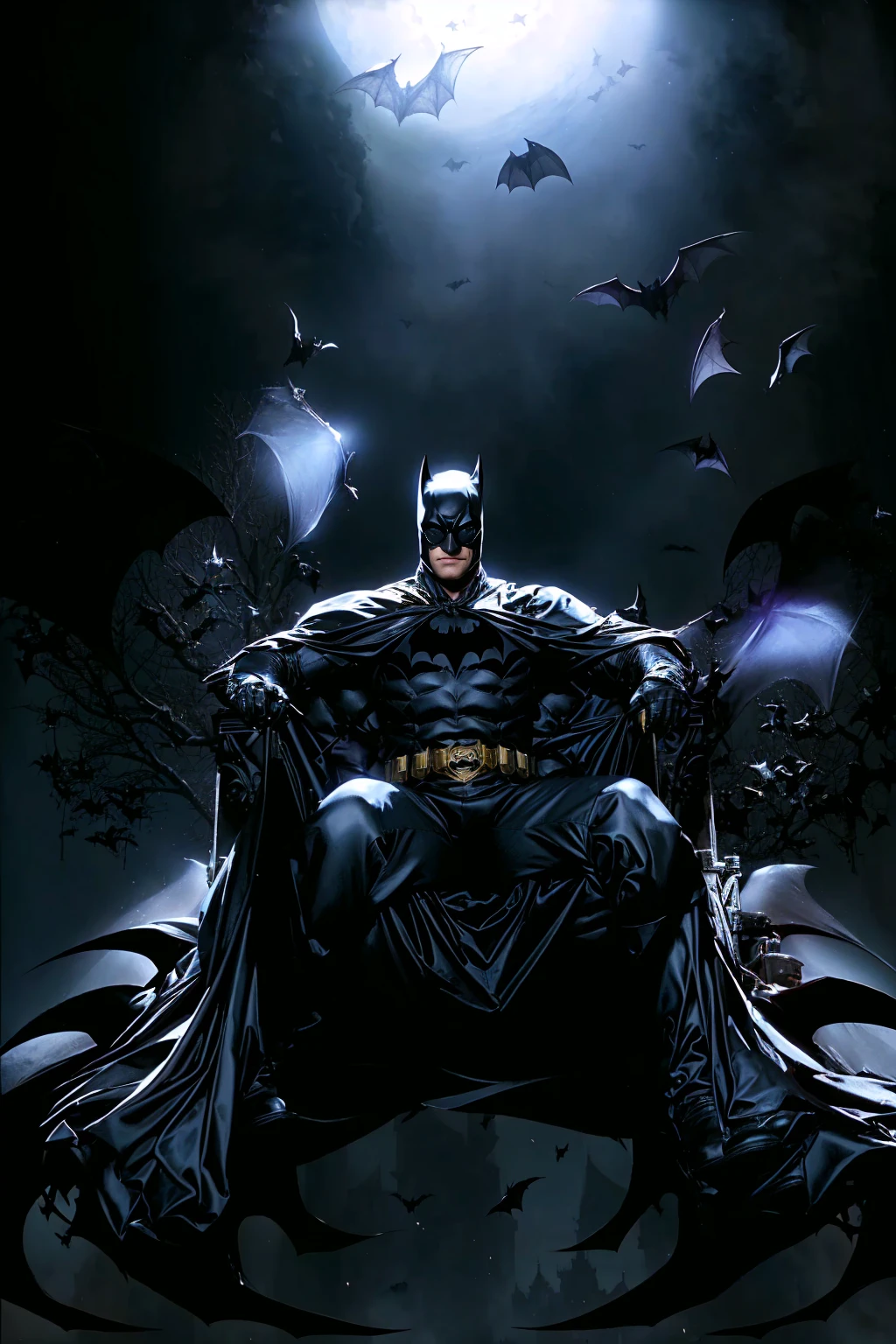 bat Man sitting on a throne with bats flying around, b