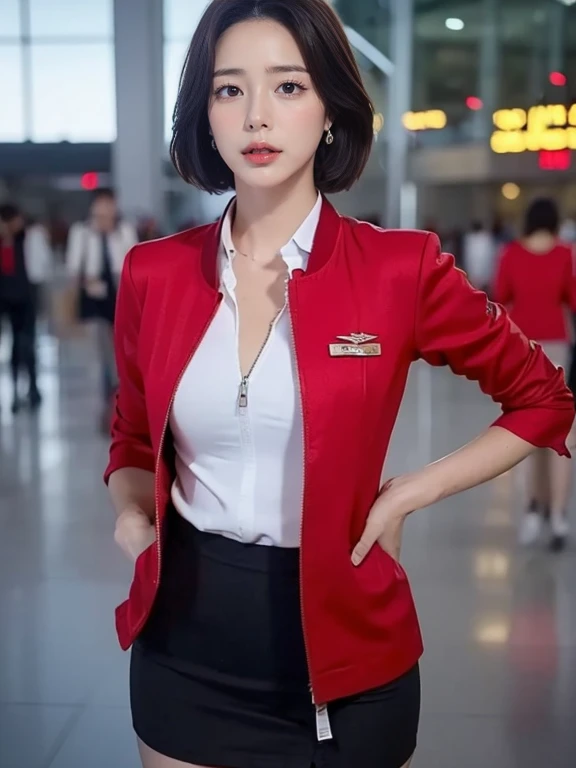 (masterpiece:1.2, highest quality:1.2), 32k HDR, High resolution, (alone, 1 girl), （Realistic style of AirAsia stewardess uniform）, neat woman, beautiful face, brown hair, (long hair down to waist), (red jacket:1.1, Unzipped jacket, unbuttoned white shirt:1.05, red mini skirt:1.1, pantyhose), perfect slim body:1.1, huge , Huge  cleavage, detailed skin texture, fine eyes, (fascinating look:1.2), necklace、earrings、(forward leaning posture:1.5, in an airport, London , Heathrow airport,blue eyes
