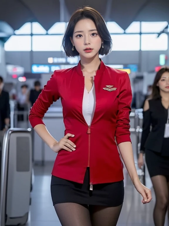 (masterpiece:1.2, highest quality:1.2), 32k HDR, High resolution, (alone, 1 girl), （Realistic style of AirAsia stewardess uniform）, neat woman, beautiful face, brown hair, (long hair down to waist), (red jacket:1.1, Unzipped jacket, unbuttoned white shirt:1.05, red mini skirt:1.1, pantyhose), perfect slim body:1.1, huge , Huge  cleavage, detailed skin texture, fine eyes, (fascinating look:1.2), necklace、earrings、(forward leaning posture:1.5, in an airport, London , Heathrow airport,blue eyes
