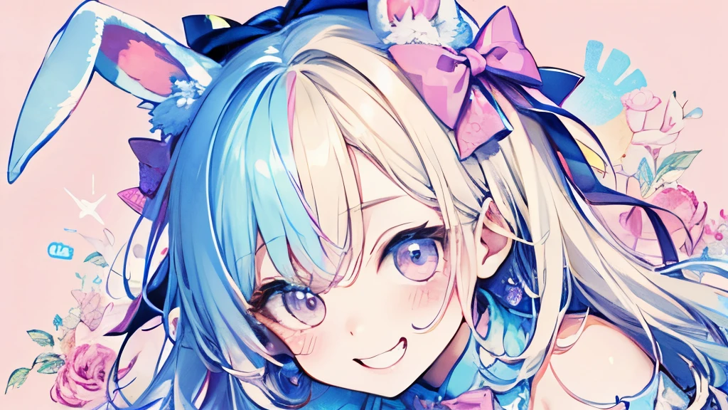 chibi character,Rabbit motif,(brush),((cute,kawaii,wonderland)),((pastel color)),((Cute assortment)),(Shy laugh),Shiny beige hair,(Rainbow),(NSFW:1.2)