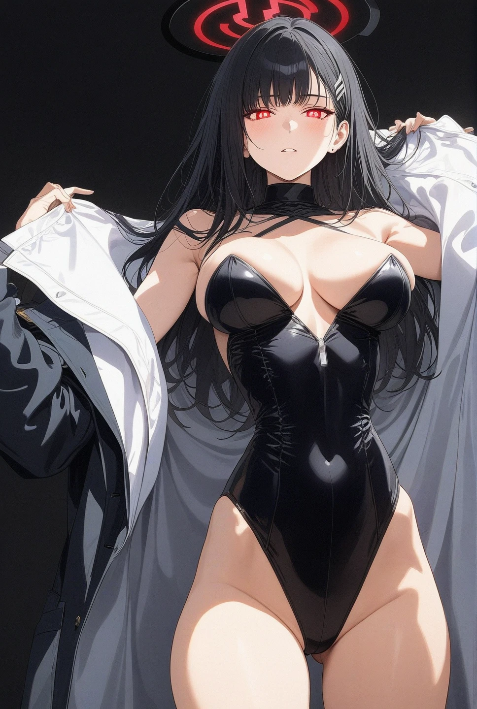 best quality, amazing quality, very aesthetic, absurdres, 1girl, rio (blue archive), blue archive, red eyes, black hair, strapless, (artist official art:1.5), (realistic face), (narrowed eyes), (cowboy shot:2), (concept art:1.5), panties, (thigh, glowing eyes:1.4), expressive eyes, perfect face, 4k, extremely detailed anime illustration, extremely detailed eyes, enhanced details, perfect anatomy, light rays, photo background, extremely delicate body, smooth skin, feminine expression, (black background:1.5), cristal clear eyes, beautiful face, big breasts
