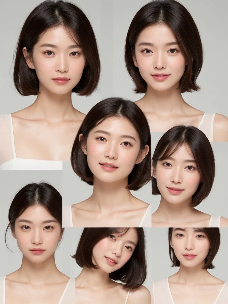 A female Japanese and Korean model,Wearing a white short-sleeved top with collarbone exposed,Photographed under the summer sun,Closeup of double eyelids of face eyes,Deep big eyes,No makeup,Plain makeup,Overall refreshing,Elegant and handsome,Black curly short hair,Look at the camera position ahead and to the left,Smile without showing teeth,Skin pores are delicate and delicate,Slightly reflects ambient glow,Fair and translucent skin with supplenessQelastic texture,Slender and elegant upper body,Just the right size breasts,Pink and moist lips,Beautiful and straightforward,Simple background,Light eyebrows