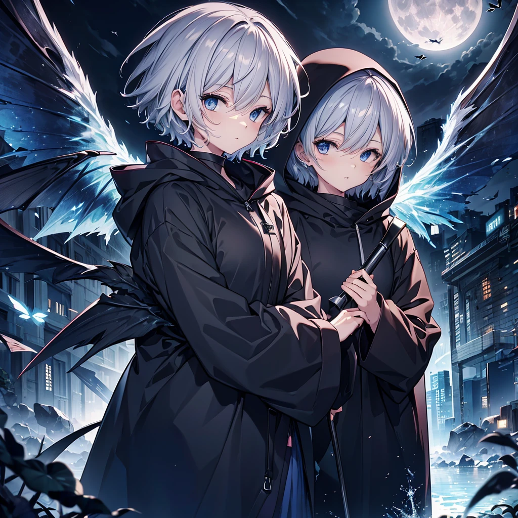((((grim Reaper inflammation)))) (((Gray Hair Short Hair blue eyes female Close-up))),((night full moon My own big wings)),(Wearing a hood Black hoodie Purple light), A tense look Shining Background Shining Edge