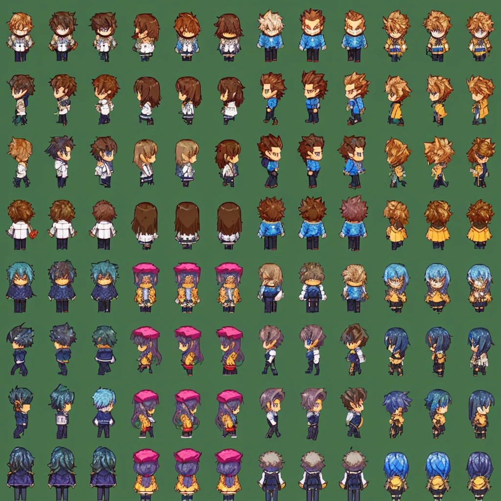 a close-up of several different anime characters, ator 2ds, made in RPG Maker, set of high quality hd sprites, visual novel sprite, sprite sheet, psd sprite sheet, ator 2d, full body sprite, style of final + fancy + 1 5, ator 2ds asset sheet, final fancy style, video game actor