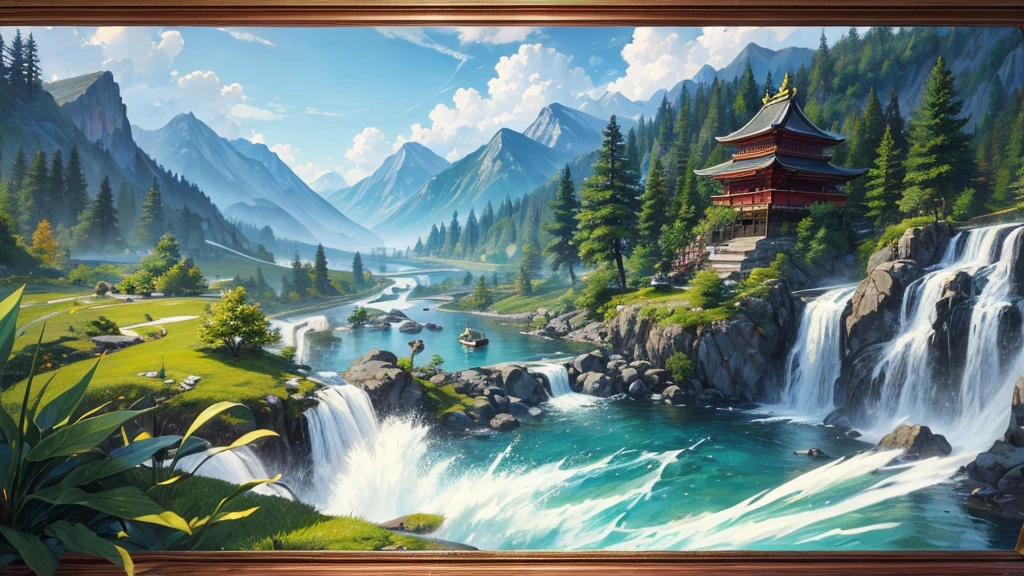 The painting depicts a traditional East Asian landscape with soaring rocky mountains studded with trees, The waterfall falls into the river flowing over the curved bridge, and many fall-colored trees at the foot of the mountain. In the sky there were two white birds flying and on the top of the mountain there was a small temple. The sky is painted gently to create the feeling of fog or clouds. The upper right corner of the picture has Chinese characters, could be the artist&#39;s signature or a poem related to the work.