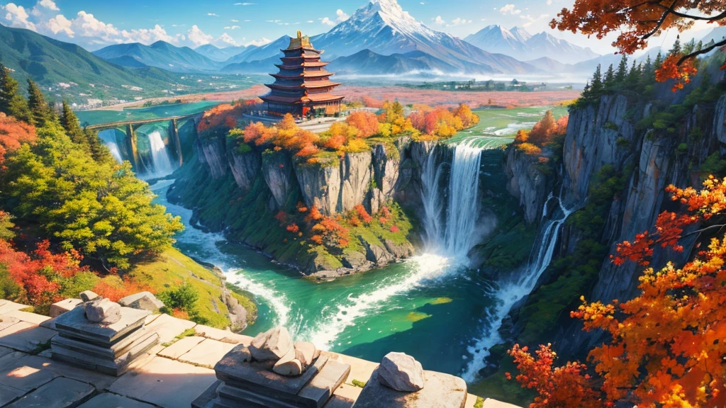 The painting depicts a traditional East Asian landscape with soaring rocky mountains studded with trees, The waterfall falls into the river flowing over the curved bridge, and many fall-colored trees at the foot of the mountain. In the sky there were two white birds flying and on the top of the mountain there was a small temple. The sky is painted gently to create the feeling of fog or clouds. The upper right corner of the picture has Chinese characters, could be the artist's signature or a poem related to the work.